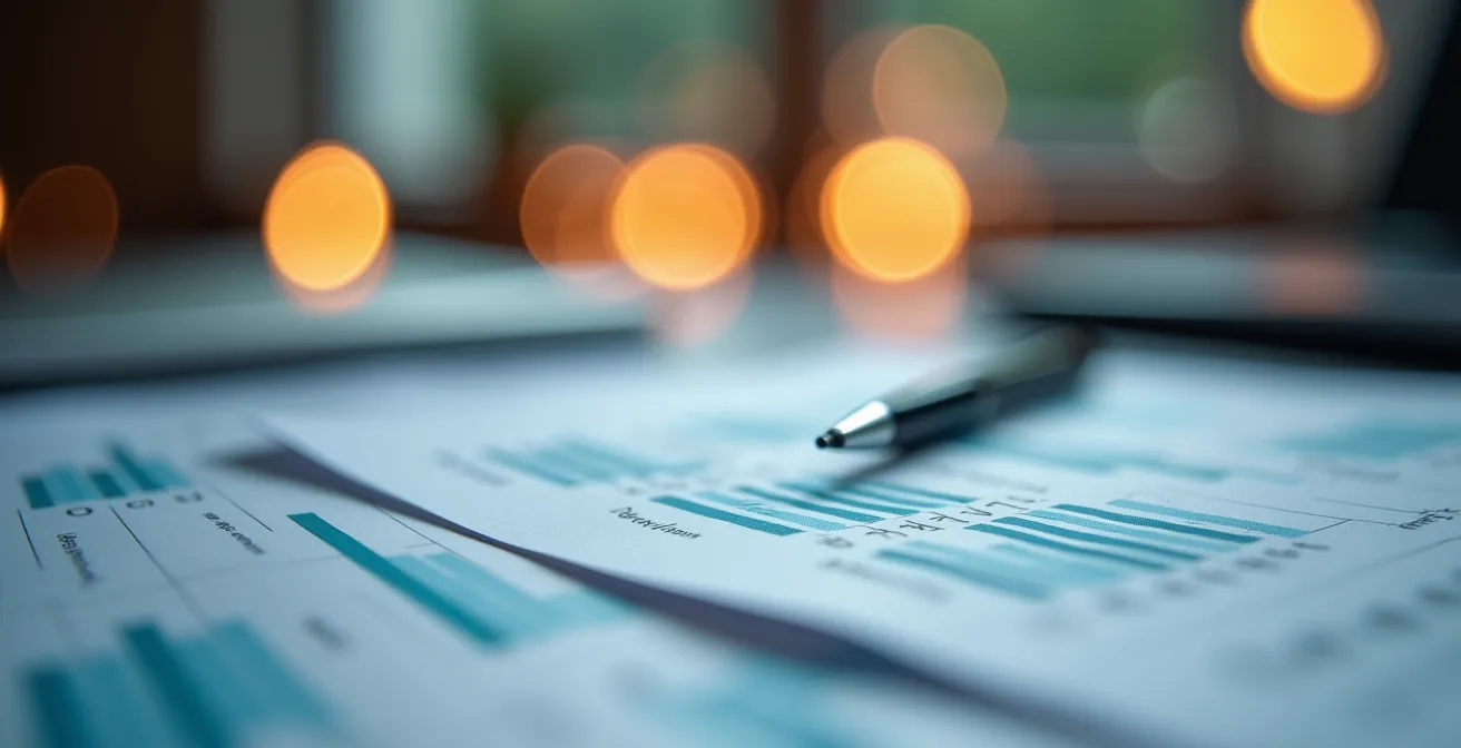 Nahaufnahme von Geschäftsdokumenten mit verschwommenen Zahlen im Hintergrund