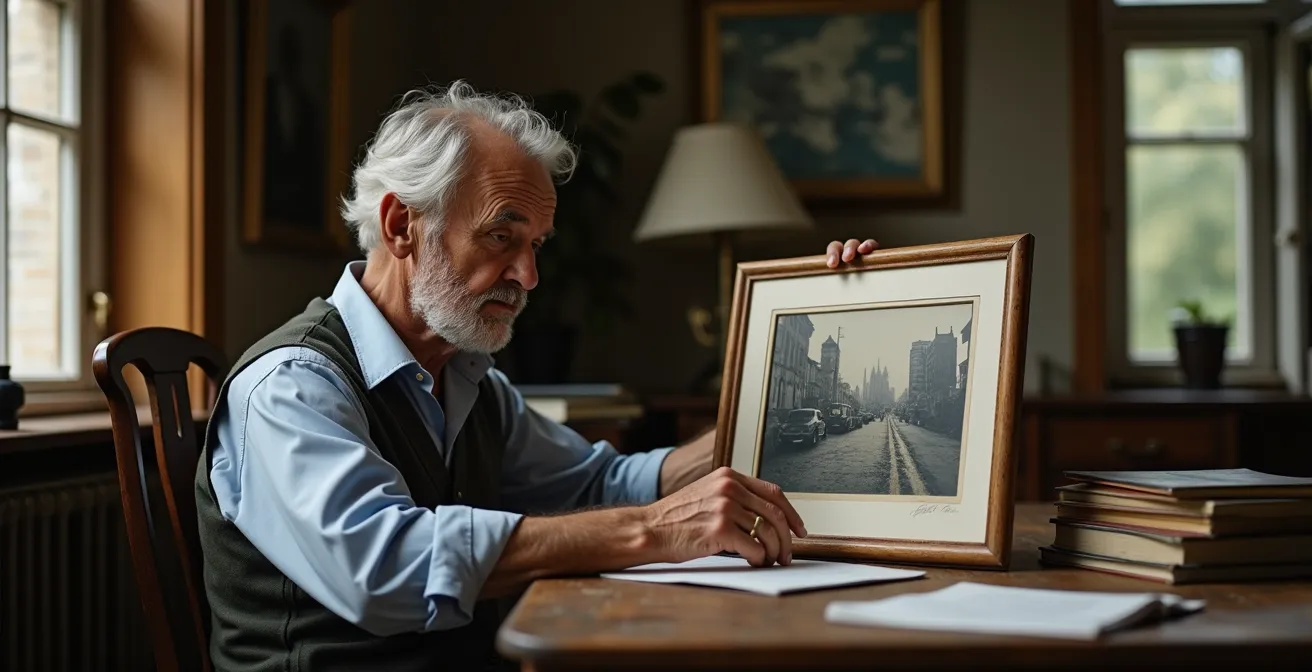 Ein nachdenklicher deutscher Unternehmer sitzt an seinem Schreibtisch und hält ein altes Firmenfoto, was den emotionalen Wert seines Lebenswerks symbolisiert.