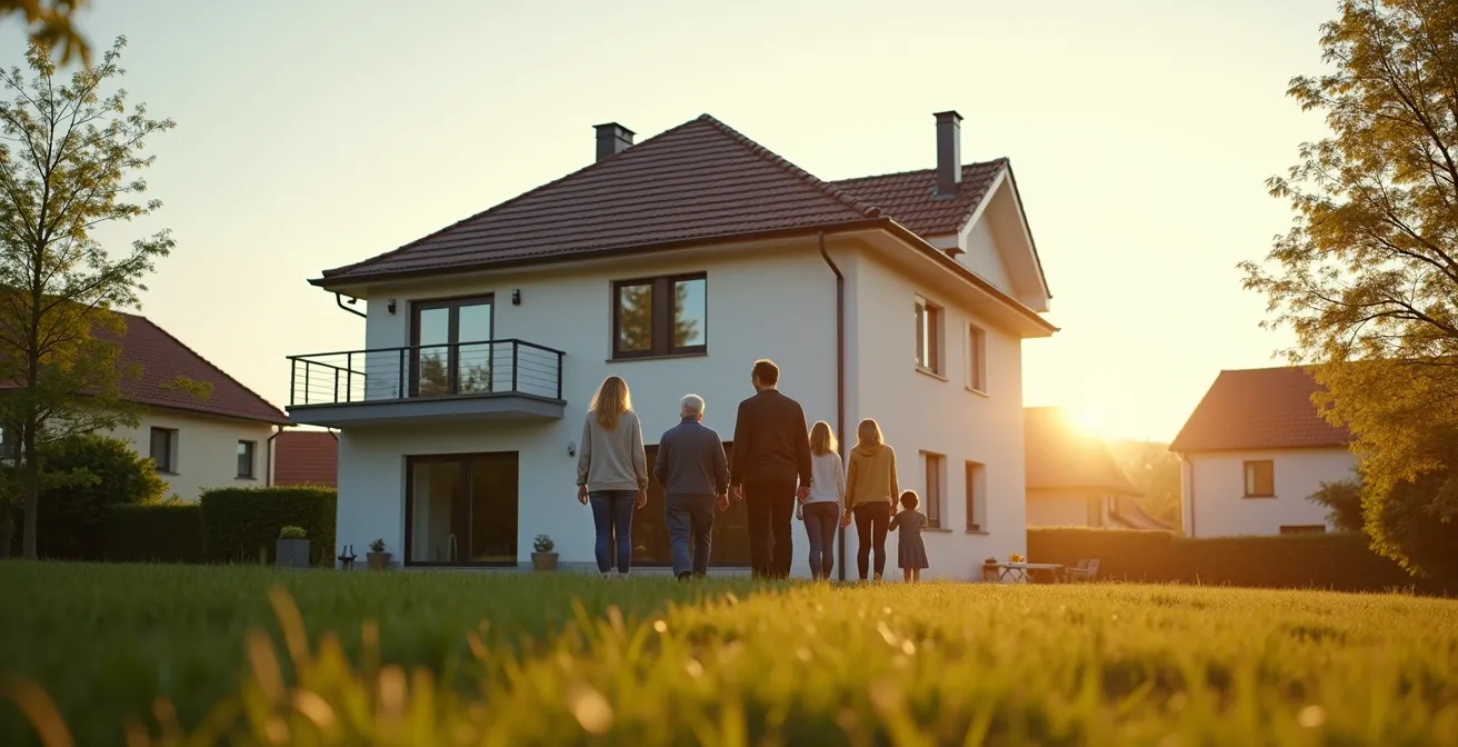 Dreigenerationenfamilie vor modernem Einfamilienhaus, das als Symbol für die steuerfreie Übertragung des Familienheims steht.