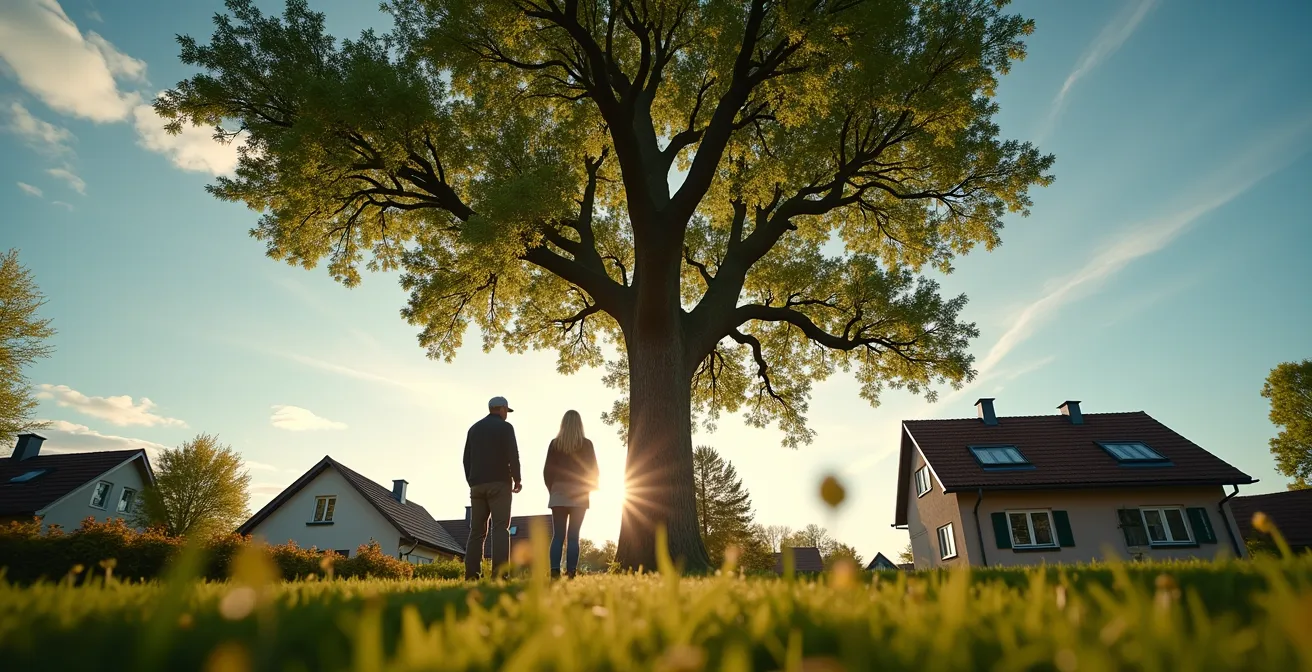 Drei Generationen einer Familie betrachten gemeinsam Wachstum eines symbolischen Baumes