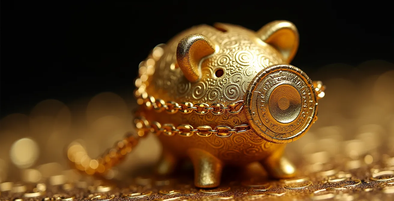 Aufgebrochenes goldenes Sparschwein zeigt Paradox der Rürup-Rente