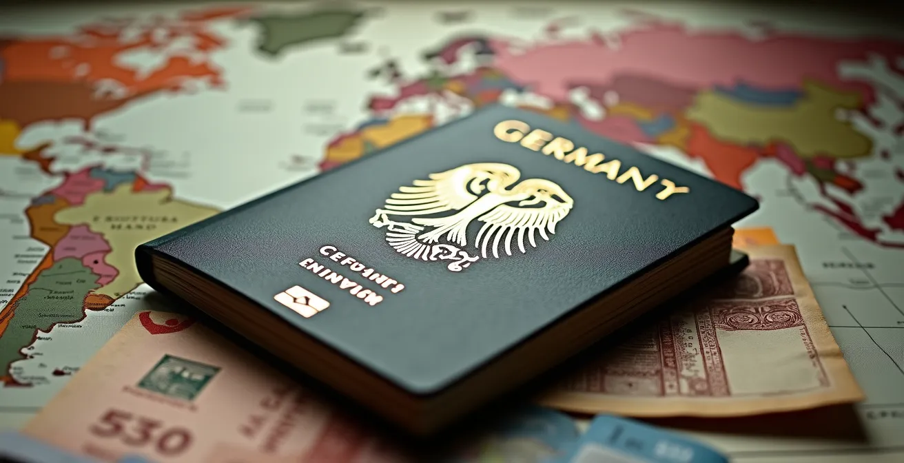 Reisepass und internationale Währungen auf einer Weltkarte