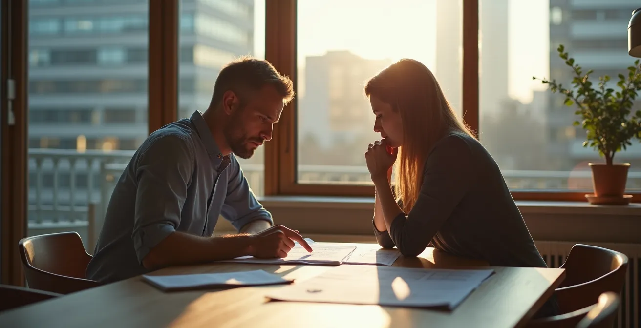 Besorgtes deutsches Paar studiert Finanzdokumente am Esstisch, was die Unsicherheit bei einer inversen Zinskurve symbolisiert.