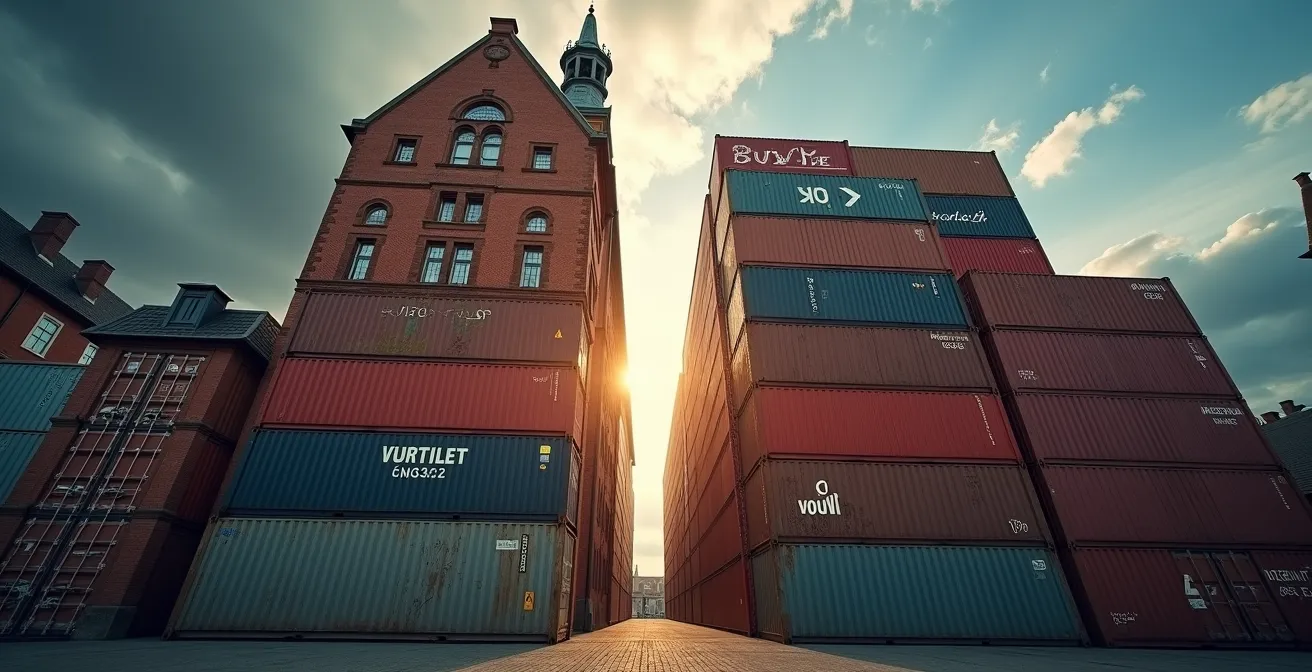 Visuelle Metapher für Investitionsrisiko durch Balance zwischen historischem Gebäude und modernem Container