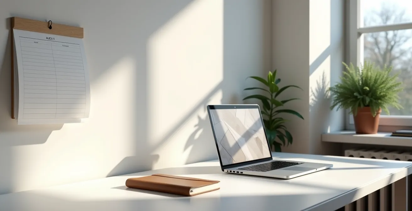 Minimalistischer Arbeitsplatz mit Kalender und automatisierten Finanzplanungstools