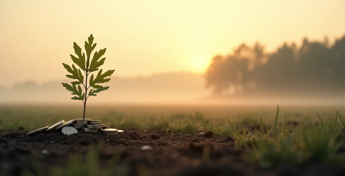 Ein junger Eichenbaum, der aus einem kleinen Hügel von Euromünzen wächst, symbolisiert wie kleine Beträge über Zeit zu großem Vermögen heranwachsen.