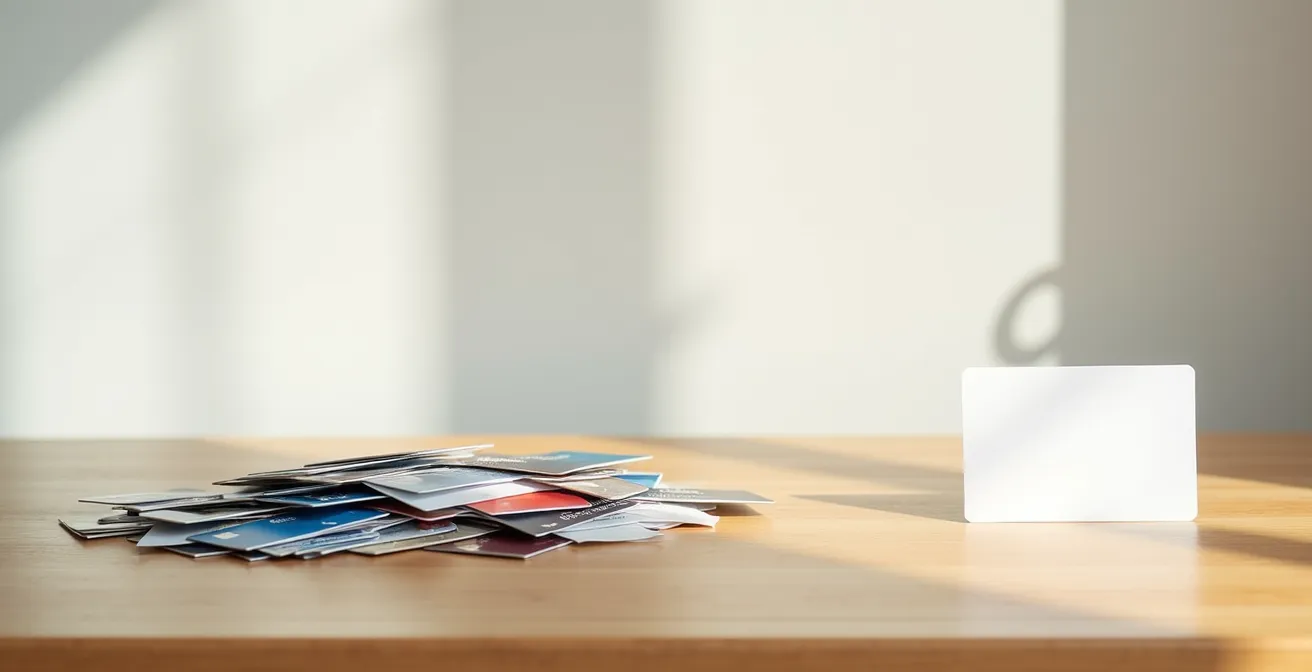 Aufgeräumter Schreibtisch mit einer einzelnen Kreditkarte statt vieler, symbolisiert Konsolidierung