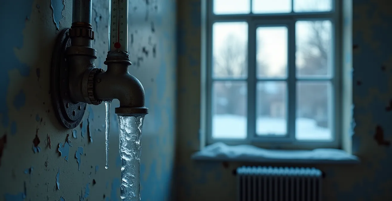 Verlassenes Haus im Winter mit zugefrorenen Rohren und Frostschäden, die die Gefahr des Versicherungsschutzverlustes symbolisieren