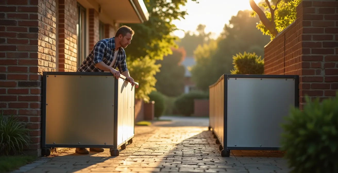 Mobile Hochwasserschutzwände vor einem deutschen Einfamilienhaus