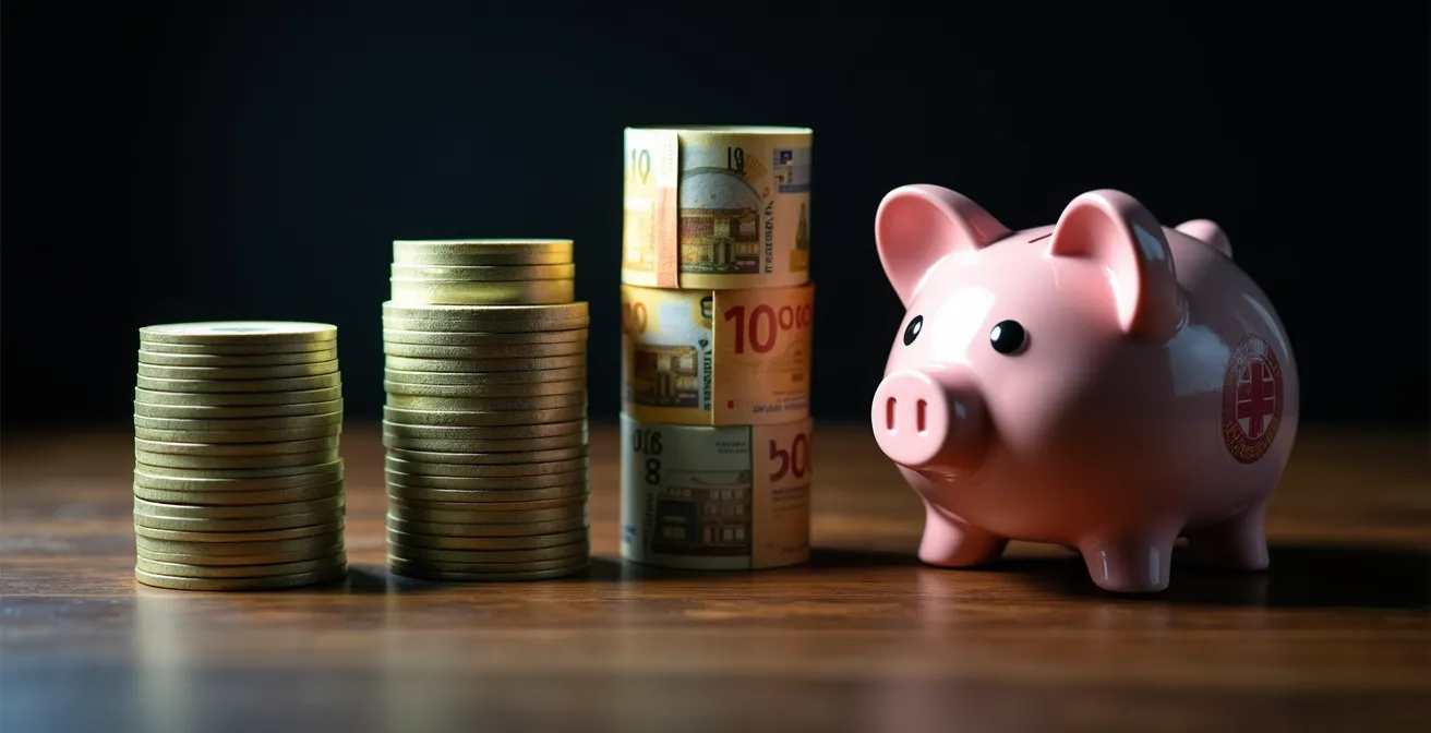 Gestapelte Euroscheine in unterschiedlichen Höhen symbolisieren verschiedene Monatsgehälter als Sicherheitspuffer