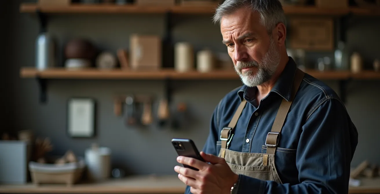 Mann mittleren Alters betrachtet nachdenklich Smartphone mit verschwommenen Finanzdiagrammen im Hintergrund
