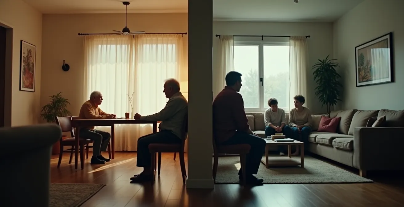 Symbolische Darstellung eines Familienkonflikts durch eine Wand, die Eltern von ihren Kindern trennt, was die Notwendigkeit von Pflichtteilsgestaltungen illustriert.