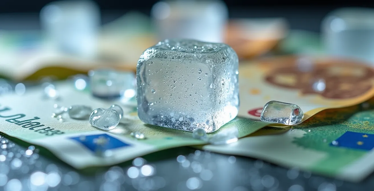 Schmelzende Eiswürfel auf Euroscheinen symbolisieren den schleichenden Wertverlust des Geldes durch Inflation