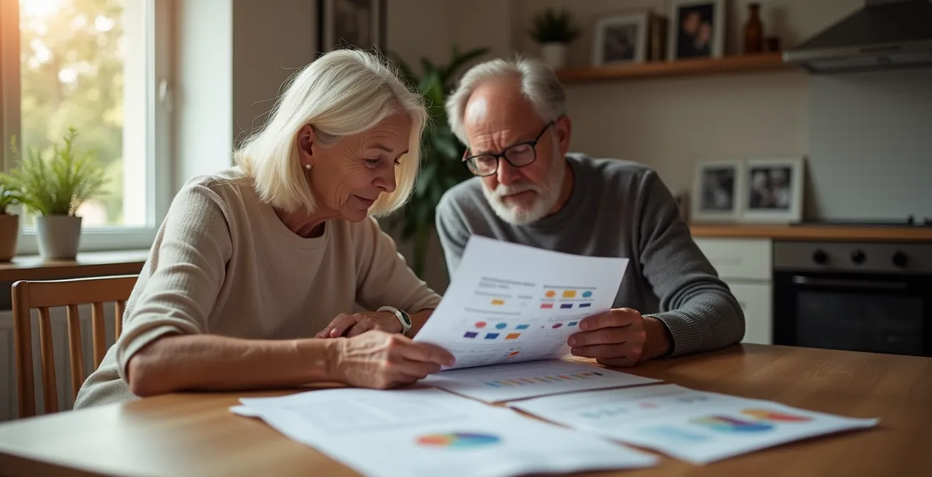 Ehepaar plant gemeinsam Rürup-Verträge mit Dokumenten auf Holztisch