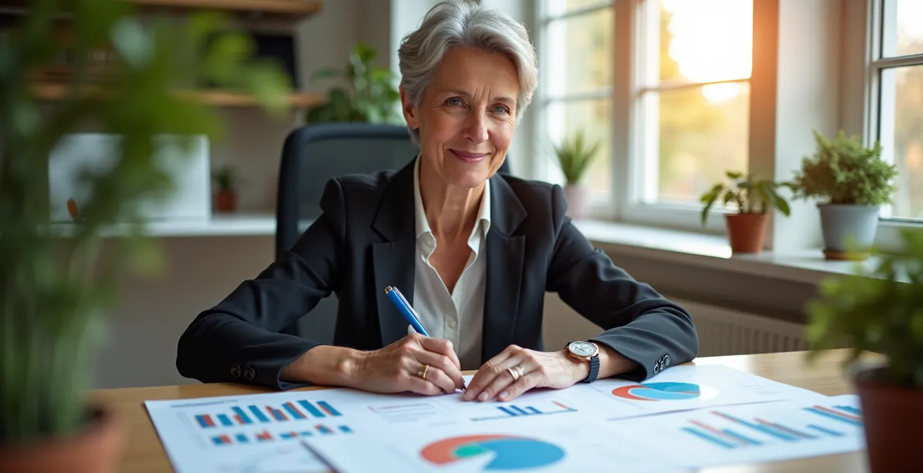 Frau mittleren Alters prüft selbstbewusst Finanzunterlagen am modernen Arbeitsplatz