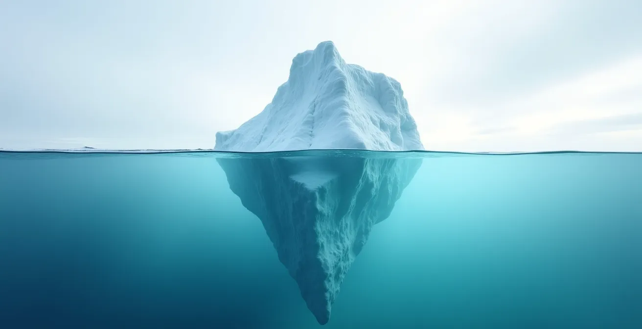 Eisberg mit sichtbarer Spitze über Wasser symbolisiert versteckte Unterversicherung
