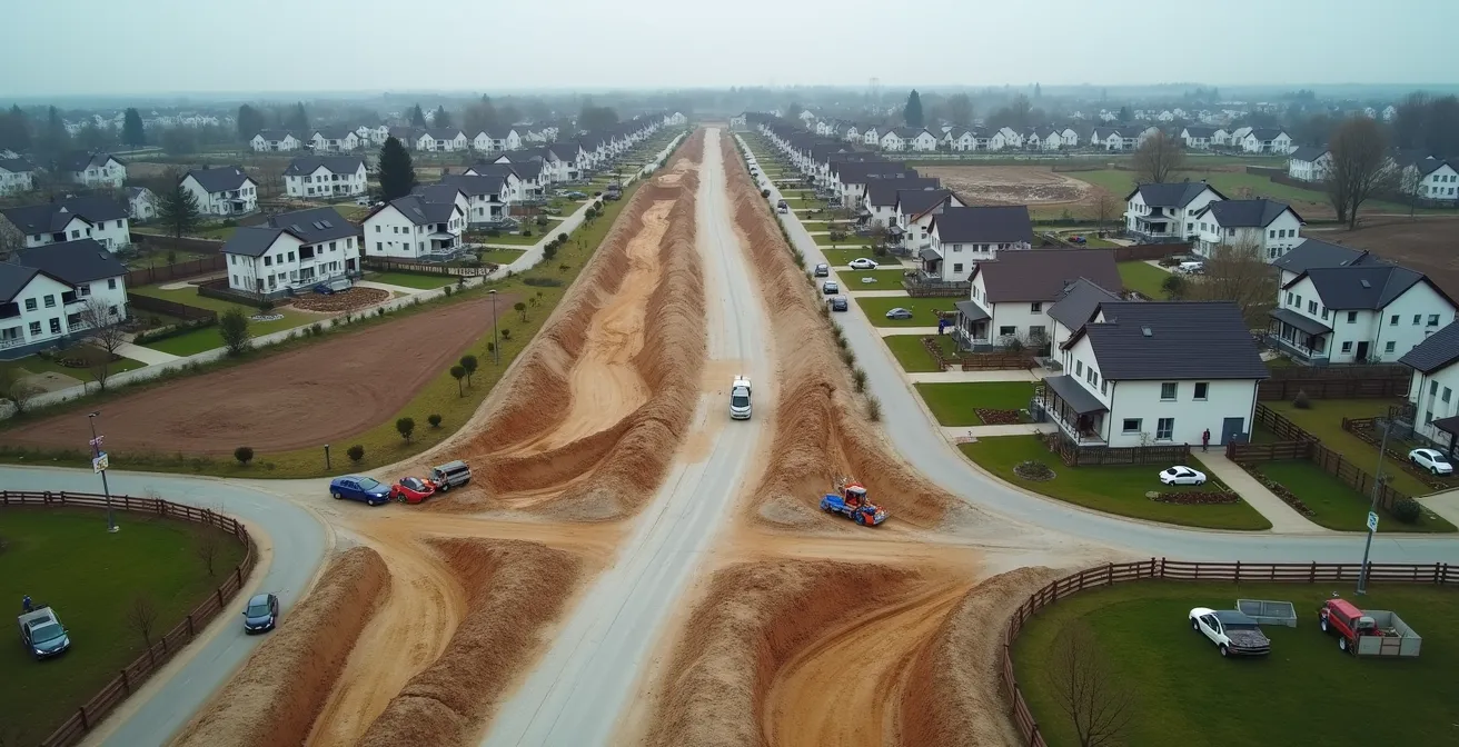 Zeitstrahl der versteckten Baukosten von der Erschließung des Grundstücks bis zur finalen Gestaltung der Außenanlagen zwei Jahre nach Einzug.