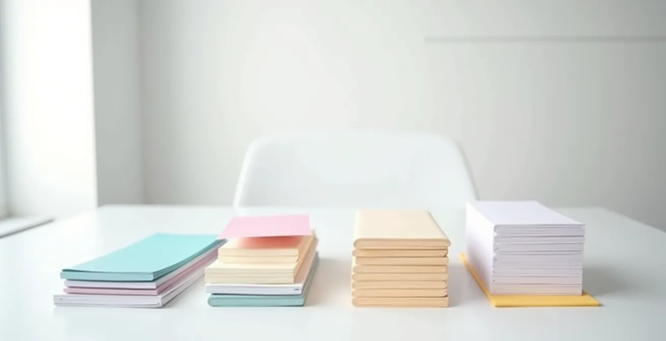 Strukturierte Darstellung von Compliance-Anforderungen durch geometrisch angeordnete Dokumente auf einem Schreibtisch.