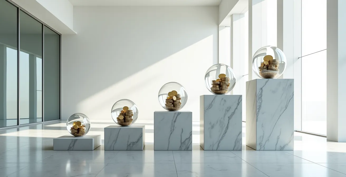 Visualisierung des Zinseszinseffekts bei verschiedenen Zahlungsintervallen, dargestellt durch unterschiedlich große Glaskugeln auf Podesten in einer modernen Bankhalle.